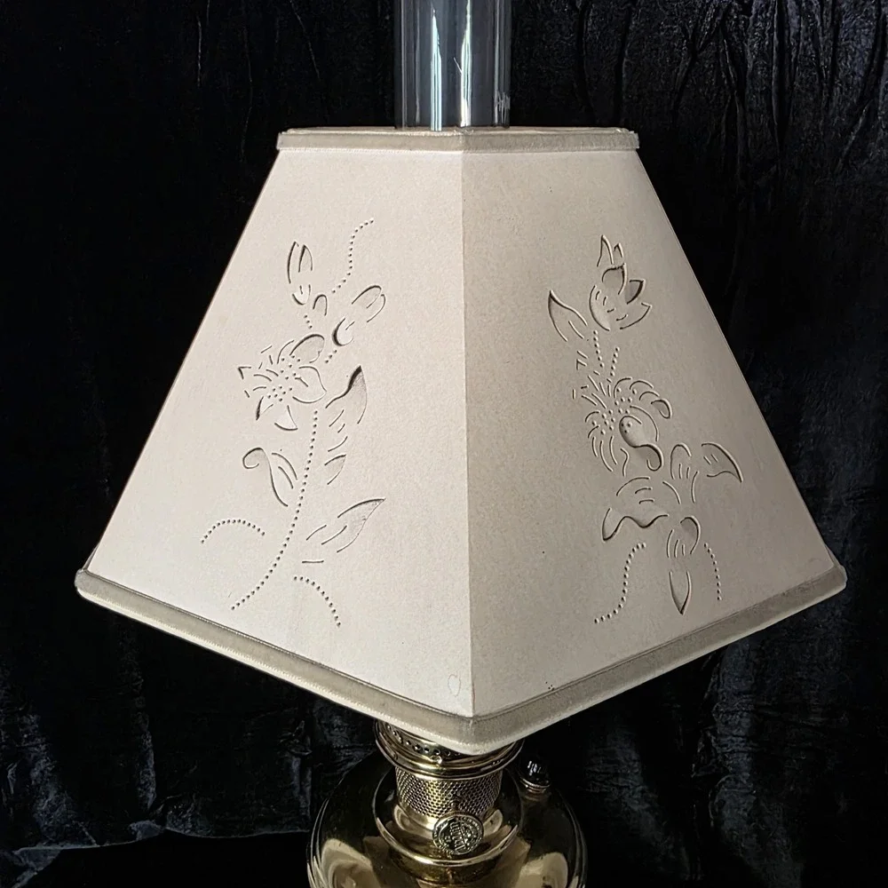 VTG Aladdin 12 Brass Oil to Electric Lamp, Lox-on Chimney & Cut-out Floral Shade
